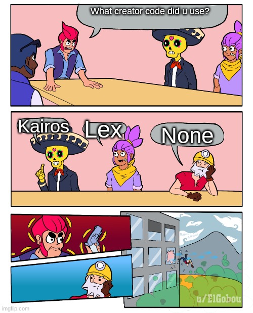 Creator code consequences | What creator code did u use? Kairos; Lex; None | image tagged in brawl stars boardroom meeting suggestion | made w/ Imgflip meme maker
