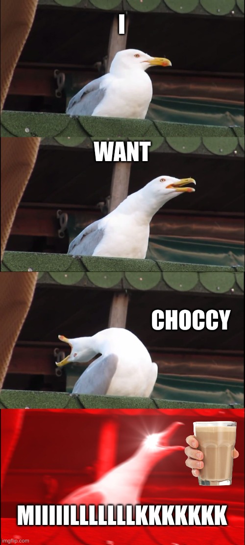 Inhaling Seagull | I; WANT; CHOCCY; MIIIIILLLLLLLKKKKKKK | image tagged in memes,inhaling seagull | made w/ Imgflip meme maker