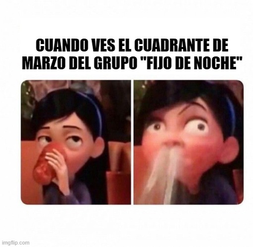 What a sh*t is this | CUANDO VES EL CUADRANTE DE MARZO DEL GRUPO "FIJO DE NOCHE" | image tagged in panic nose milk | made w/ Imgflip meme maker