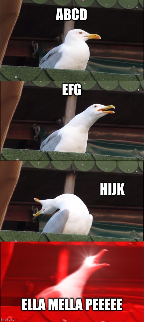 Inhaling Seagull Meme | ABCD; EFG; HIJK; ELLA MELLA PEEEEE | image tagged in memes,inhaling seagull | made w/ Imgflip meme maker