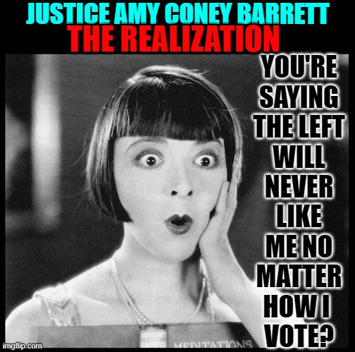 Schumer's Violent Threats to Conservative Judges Works | JUSTICE AMY CONEY BARRETT; THE REALIZATION; YOU'RE
SAYING
THE LEFT
WILL
NEVER
LIKE
ME NO
MATTER
HOW I 
VOTE? | image tagged in vince vance,amy coney barrett,supreme court,justice,memes,liberals | made w/ Imgflip meme maker