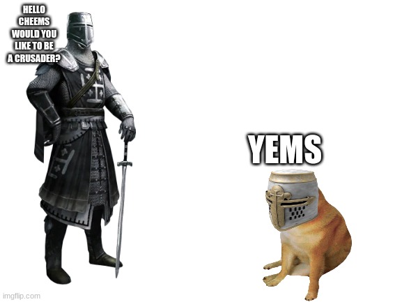 Blank White Template | HELLO CHEEMS WOULD YOU LIKE TO BE A CRUSADER? YEMS | image tagged in blank white template | made w/ Imgflip meme maker