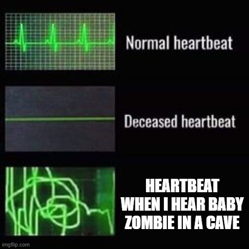 minecraft baby zombie be scary | HEARTBEAT WHEN I HEAR BABY ZOMBIE IN A CAVE | image tagged in heartbeat rate | made w/ Imgflip meme maker