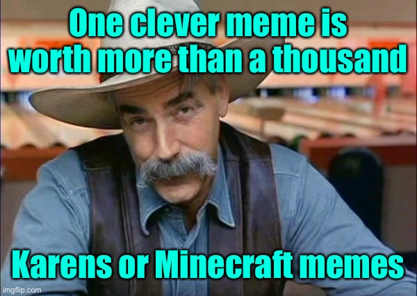 Quality over quantity | One clever meme is worth more than a thousand; Karens or Minecraft memes | image tagged in sam elliott special kind of stupid,clever memes,karens,minecraft,quality | made w/ Imgflip meme maker