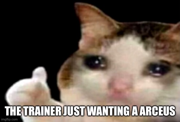Sad cat thumbs up | THE TRAINER JUST WANTING A ARCEUS | image tagged in sad cat thumbs up | made w/ Imgflip meme maker