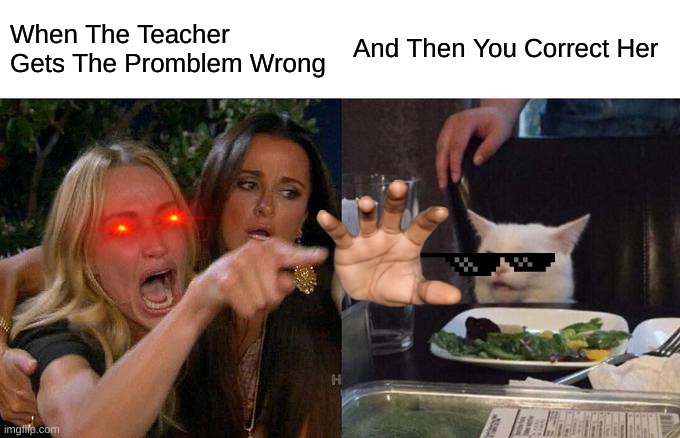 Woman Yelling At Cat | When The Teacher Gets The Promblem Wrong; And Then You Correct Her | image tagged in memes,woman yelling at cat | made w/ Imgflip meme maker