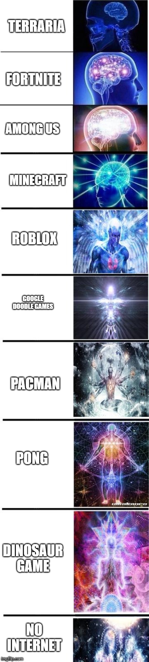Expanding brain 10 panel | TERRARIA; FORTNITE; AMONG US; MINECRAFT; ROBLOX; GOOGLE DOODLE GAMES; PACMAN; PONG; DINOSAUR GAME; NO INTERNET | image tagged in expanding brain 10 panel | made w/ Imgflip meme maker