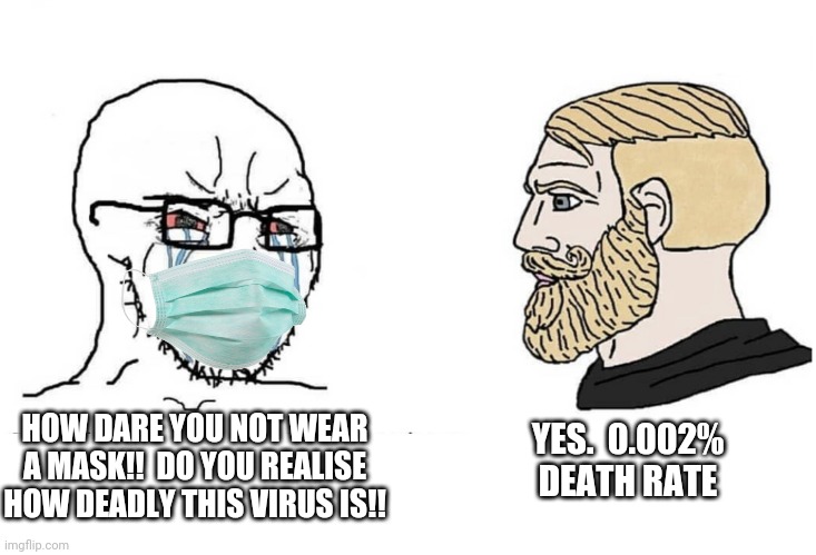 Soyboy Vs Yes Chad | YES.  0.002% DEATH RATE; HOW DARE YOU NOT WEAR A MASK!!  DO YOU REALISE HOW DEADLY THIS VIRUS IS!! | image tagged in soyboy vs yes chad | made w/ Imgflip meme maker