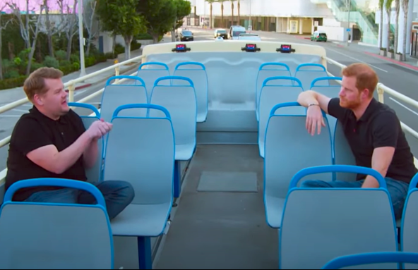 High Quality Prince Harry and James Corden on bus Blank Meme Template