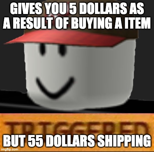 Roblox Triggered | GIVES YOU 5 DOLLARS AS A RESULT OF BUYING A ITEM BUT 55 DOLLARS SHIPPING | image tagged in roblox triggered | made w/ Imgflip meme maker