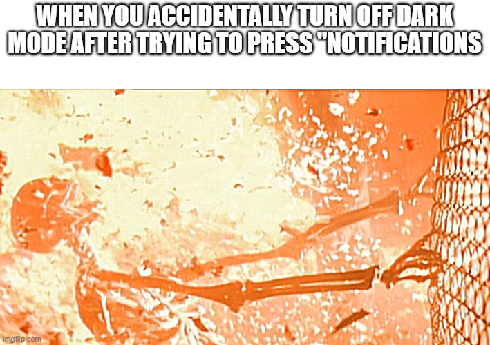 REEEEEEEEEEEEEEEEEEEEEEEEEEEEEEEEEEEEEEE!!!!!!!!!!!!!!!!!!!!!! | WHEN YOU ACCIDENTALLY TURN OFF DARK MODE AFTER TRYING TO PRESS "NOTIFICATIONS | image tagged in burning skelton fence,imgflip,dark mode,light mode,my eyes | made w/ Imgflip meme maker