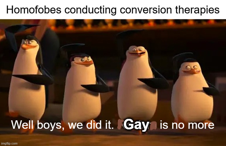 Guess they think it's that easy xd | Homofobes conducting conversion therapies; Gay; Well boys, we did it. Racism is no more | image tagged in penguins we did it boys,lgbtq | made w/ Imgflip meme maker