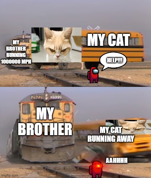 Train hitting school bus | MY BROTHER RUNNING 1000000 MPH; MY CAT; HELP!!! MY BROTHER; MY CAT RUNNING AWAY; AAHHHH | image tagged in train hitting school bus | made w/ Imgflip meme maker