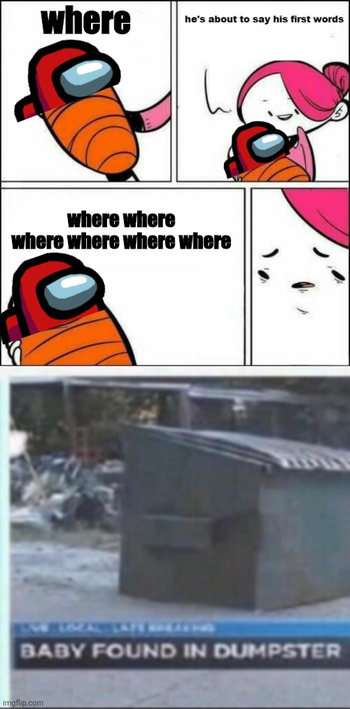 ? | where; where where where where where where | image tagged in he is about to say his first words,baby found in dumpster | made w/ Imgflip meme maker