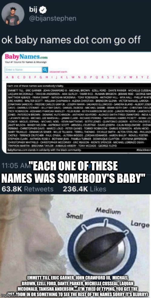 Need help deciding on a baby name? | "EACH ONE OF THESE NAMES WAS SOMEBODY'S BABY"; EMMETT TILL, ERIC GARNER, JOHN CRAWFORD III,  MICHAEL BROWN, EZELL FORD, DANTE PARKER, MICHELLE CUSSEAL, LAQUAN MCDONALD, TANISHA ANDERSON.....(I'M TIRED OF TYPING, YOU GET THE JIST, ZOOM IN OR SOMETHING TO SEE THE REST OF THE NAMES SORRY IT'S BLURRY) | image tagged in oof size large,black lives matter,blm,baby,names,repost | made w/ Imgflip meme maker