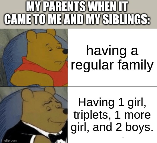 There's a new loud house in town | MY PARENTS WHEN IT CAME TO ME AND MY SIBLINGS:; having a regular family; Having 1 girl, triplets, 1 more girl, and 2 boys. | image tagged in memes,tuxedo winnie the pooh | made w/ Imgflip meme maker