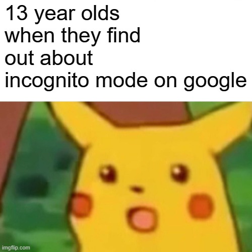 Surprised Pikachu | 13 year olds when they find out about incognito mode on google | image tagged in memes,surprised pikachu | made w/ Imgflip meme maker