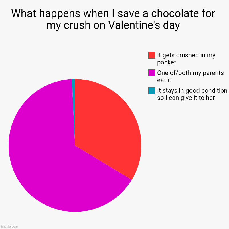 What happens when I save a chocolate for my crush on Valentine's day | It stays in good condition so I can give it to her, One of/both my pa | image tagged in charts,pie charts | made w/ Imgflip chart maker