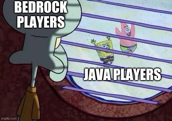 haha minecraft go brrrr | BEDROCK PLAYERS; JAVA PLAYERS | image tagged in squidward window | made w/ Imgflip meme maker