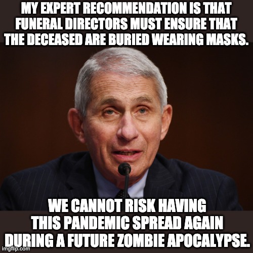 FACEMASK | MY EXPERT RECOMMENDATION IS THAT FUNERAL DIRECTORS MUST ENSURE THAT THE DECEASED ARE BURIED WEARING MASKS. WE CANNOT RISK HAVING THIS PANDEMIC SPREAD AGAIN DURING A FUTURE ZOMBIE APOCALYPSE. | image tagged in pandemic | made w/ Imgflip meme maker