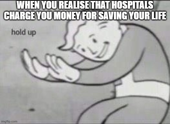 Fallout Hold Up | WHEN YOU REALISE THAT HOSPITALS CHARGE YOU MONEY FOR SAVING YOUR LIFE | image tagged in fallout hold up | made w/ Imgflip meme maker
