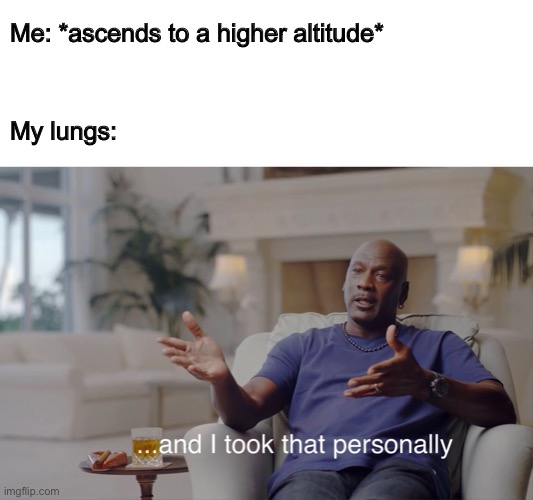 and I took that personally | Me: *ascends to a higher altitude*; My lungs: | image tagged in and i took that personally,memes | made w/ Imgflip meme maker