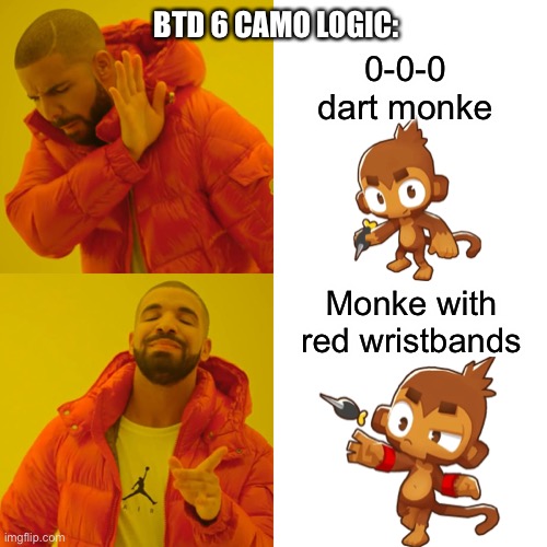 Drake Hotline Bling Meme | BTD 6 CAMO LOGIC:; 0-0-0 dart monke; Monke with red wristbands | image tagged in memes,drake hotline bling,logic | made w/ Imgflip meme maker