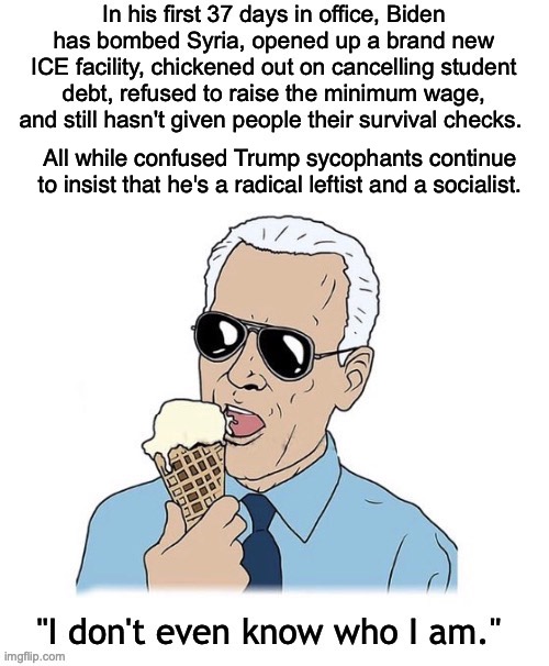 Joe Biden Sucks | All while confused Trump sycophants continue to insist that he's a radical leftist and a socialist. | image tagged in joe biden,election 2020,socialism,syria,covid-19 | made w/ Imgflip meme maker