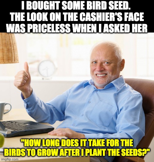 Bird seed | I BOUGHT SOME BIRD SEED.  THE LOOK ON THE CASHIER'S FACE WAS PRICELESS WHEN I ASKED HER; "HOW LONG DOES IT TAKE FOR THE BIRDS TO GROW AFTER I PLANT THE SEEDS?" | image tagged in hide the pain harold | made w/ Imgflip meme maker