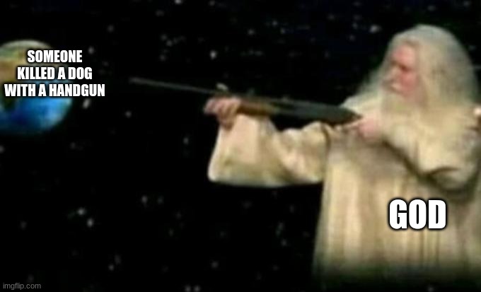 God pointing gun at earth | SOMEONE KILLED A DOG WITH A HANDGUN; GOD | image tagged in god pointing gun at earth | made w/ Imgflip meme maker