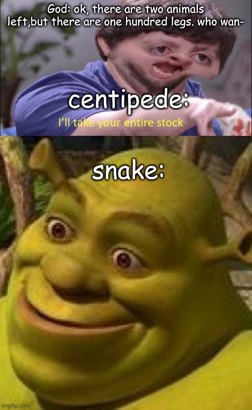 Reality is ofen disappointing | God: ok, there are two animals left,but there are one hundred legs. who wan-; centipede:; snake: | image tagged in i'll take your entire stock | made w/ Imgflip meme maker