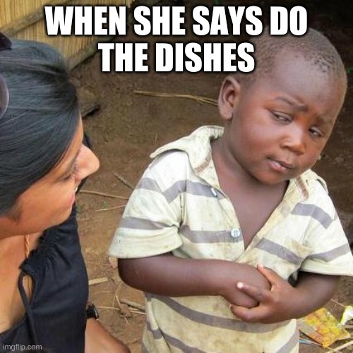 Third World Skeptical Kid Meme | WHEN SHE SAYS DO
THE DISHES | image tagged in memes,third world skeptical kid | made w/ Imgflip meme maker