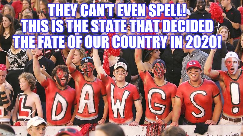 Dawgs | THEY CAN'T EVEN SPELL! THIS IS THE STATE THAT DECIDED THE FATE OF OUR COUNTRY IN 2020! | image tagged in football fans georgia | made w/ Imgflip meme maker