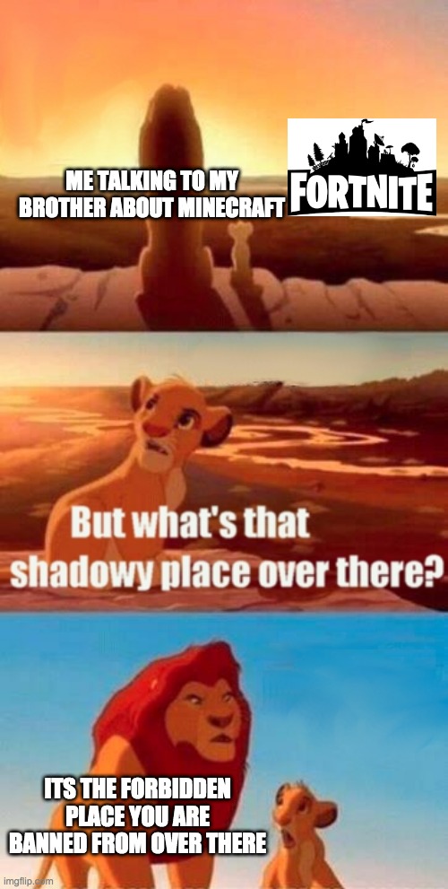 Simba Shadowy Place Meme | ME TALKING TO MY BROTHER ABOUT MINECRAFT; ITS THE FORBIDDEN PLACE YOU ARE BANNED FROM OVER THERE | image tagged in memes,simba shadowy place | made w/ Imgflip meme maker