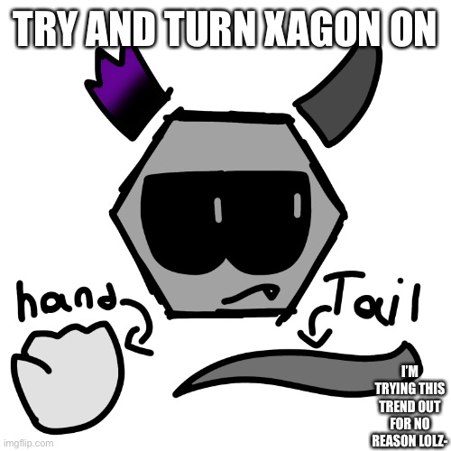 TRY AND TURN XAGON ON; I’M TRYING THIS TREND OUT FOR NO REASON LOLZ- | made w/ Imgflip meme maker