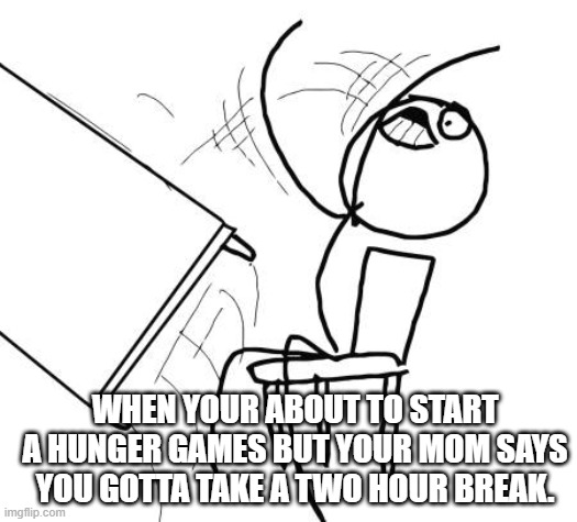 I will leave it on tho, so I dont lose it | WHEN YOUR ABOUT TO START A HUNGER GAMES BUT YOUR MOM SAYS YOU GOTTA TAKE A TWO HOUR BREAK. | image tagged in memes,table flip guy | made w/ Imgflip meme maker