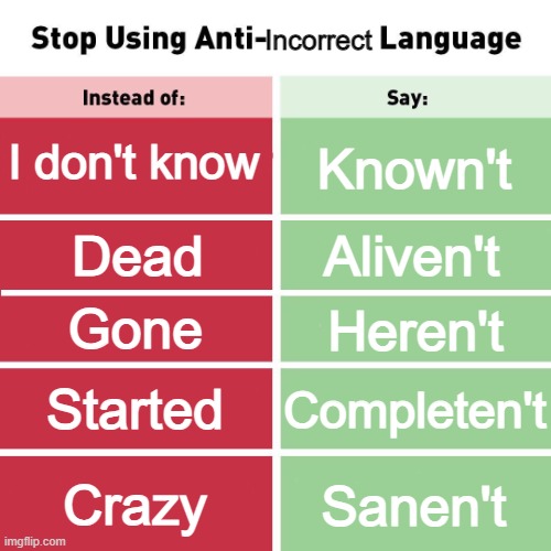 I think I made some new words | Incorrect; I don't know; Known't; Aliven't; Dead; Gone; Heren't; Started; Completen't; Crazy; Sanen't | image tagged in stop using anti-animal language,memes,bad grammar and spelling memes | made w/ Imgflip meme maker
