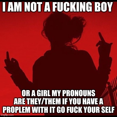 I AM NOT A FUCKING BOY; OR A GIRL MY PRONOUNS ARE THEY/THEM IF YOU HAVE A PROBLEM WITH IT GO FUCK YOUR SELF | made w/ Imgflip meme maker