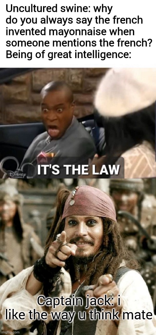 Iss da lor | Uncultured swine: why do you always say the french invented mayonnaise when someone mentions the french?
Being of great intelligence:; Captain jack: i like the way u think mate | image tagged in it's the law,point jack,pirates of the carribean,french,mayonnaise | made w/ Imgflip meme maker