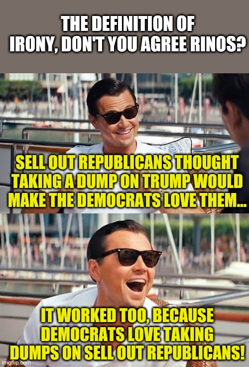 Sell out Republicans, do you enjoy licking radical Democrat's boots? Is it an acquired taste? Next time back your party! | THE DEFINITION OF IRONY, DON'T YOU AGREE RINOS? SELL OUT REPUBLICANS THOUGHT TAKING A DUMP ON TRUMP WOULD MAKE THE DEMOCRATS LOVE THEM... IT WORKED TOO, BECAUSE DEMOCRATS LOVE TAKING DUMPS ON SELL OUT REPUBLICANS! | image tagged in memes,leonardo dicaprio wolf of wall street,republicans,weakness disgusts me | made w/ Imgflip meme maker
