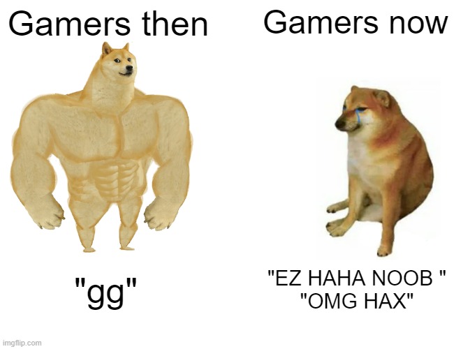 Buff Doge vs. Cheems | Gamers then; Gamers now; "gg"; "EZ HAHA NOOB "
"OMG HAX" | image tagged in memes,buff doge vs cheems | made w/ Imgflip meme maker