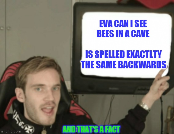 and that's a fact | EVA CAN I SEE BEES IN A CAVE; IS SPELLED EXACTLTY THE SAME BACKWARDS; AND THAT'S A FACT | image tagged in and that's a fact | made w/ Imgflip meme maker