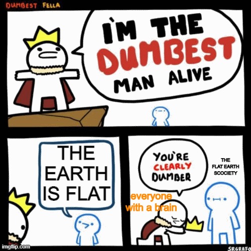 The theory is really dumb tho | THE EARTH IS FLAT; THE FLAT EARTH SCOCIETY; everyone with a brain | image tagged in i'm the dumbest man alive,flat earth club,flat earth,comics/cartoons,funny memes,memes | made w/ Imgflip meme maker