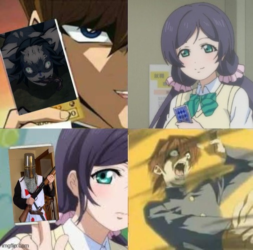 Nozomi use a Crusader to kill the demon with holy intent! | image tagged in nozomi draws a card | made w/ Imgflip meme maker