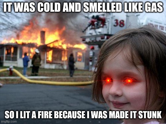 Disaster Girl | IT WAS COLD AND SMELLED LIKE GAS; SO I LIT A FIRE BECAUSE I WAS MADE IT STUNK | image tagged in memes,disaster girl | made w/ Imgflip meme maker