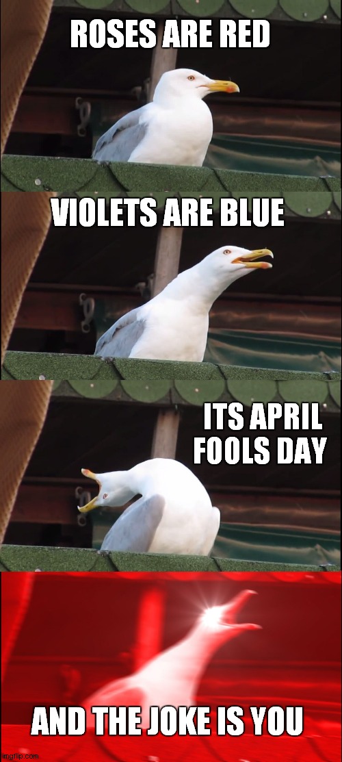 Inhaling Seagull Meme | ROSES ARE RED; VIOLETS ARE BLUE; ITS APRIL FOOLS DAY; AND THE JOKE IS YOU | image tagged in memes,inhaling seagull | made w/ Imgflip meme maker
