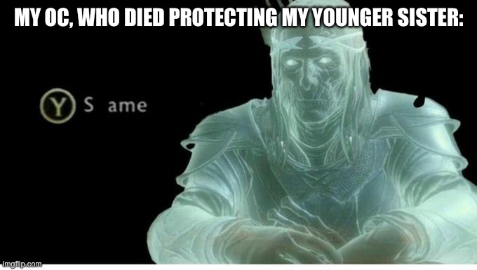 Same | MY OC, WHO DIED PROTECTING MY YOUNGER SISTER: | image tagged in same | made w/ Imgflip meme maker