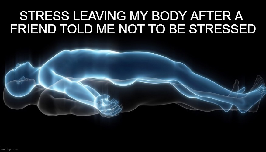 Yeah It works this way | STRESS LEAVING MY BODY AFTER A 
FRIEND TOLD ME NOT TO BE STRESSED | image tagged in soul leaving body | made w/ Imgflip meme maker