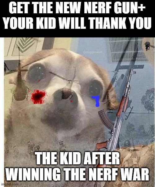 PTSD Chihuahua | GET THE NEW NERF GUN+
YOUR KID WILL THANK YOU; THE KID AFTER WINNING THE NERF WAR | image tagged in ptsd chihuahua | made w/ Imgflip meme maker