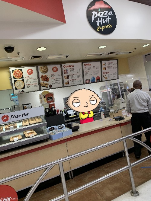YOOO i found Stewie working at a Target in store Pizza Hut (based off a joke) | image tagged in family guy,stewie griffin,pizza hut,target,memes | made w/ Imgflip meme maker